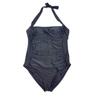 Black Halter One-Piece Swimsuit  Ruched Front Design & Tie Closure Size XL